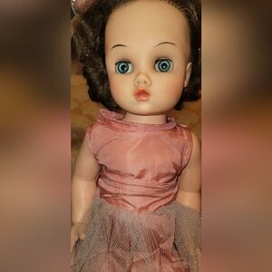 VTG 1950s IDEAL SAUCY WALKER 22" GIRL DOLL w PINK DRESS, BROWN HAIR, BLUE EYES